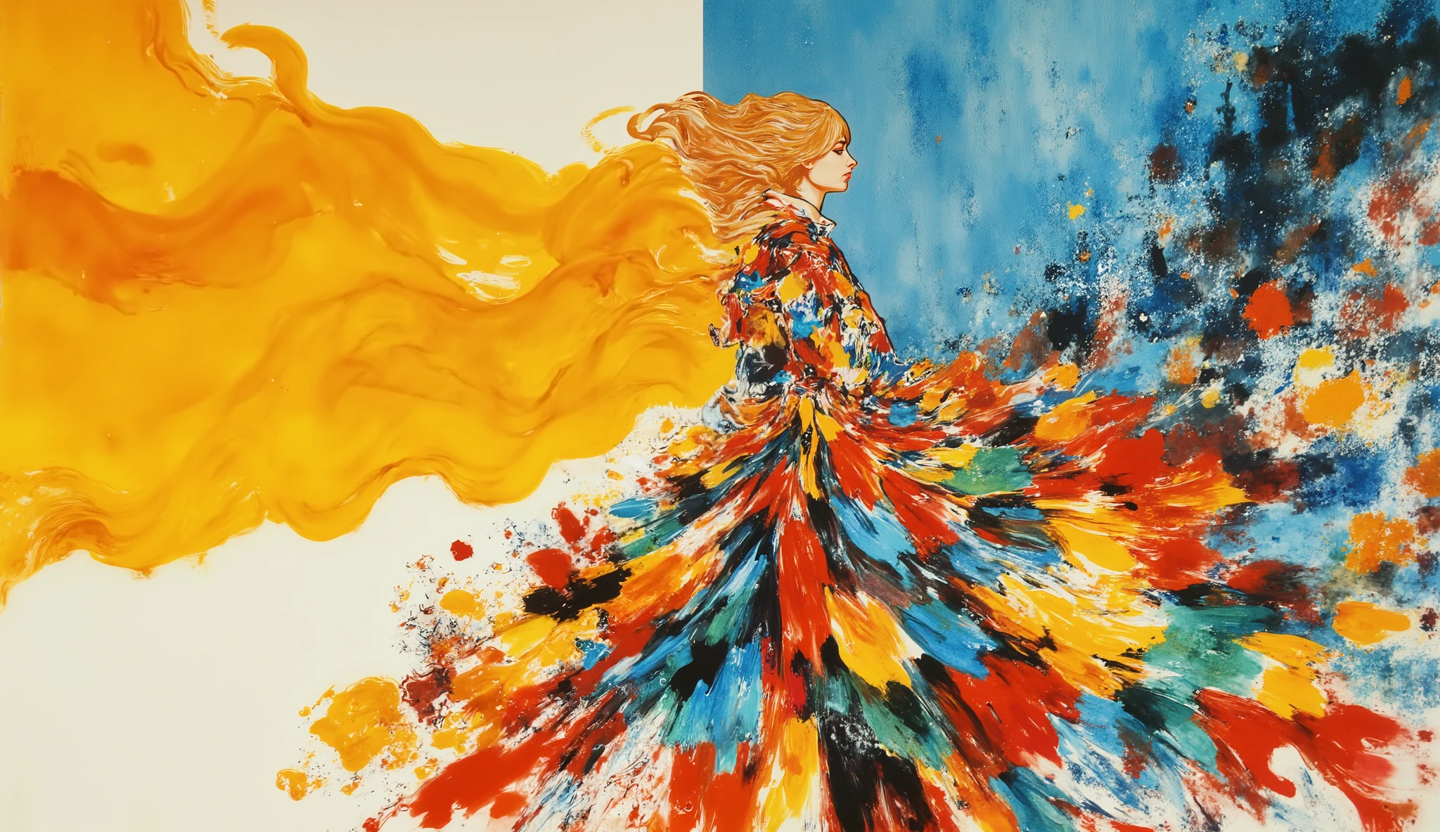 fashion illustration, illustration, fantasia surreal, Beautiful girl with long wavy hair walks using summer dress, in Rio de Janeiro, Redentor, color palette Button Blue, Dark Yellow, Peridot, UE Red, Carmine, morning, volumetric lights, , acrylic, fashion illustration.