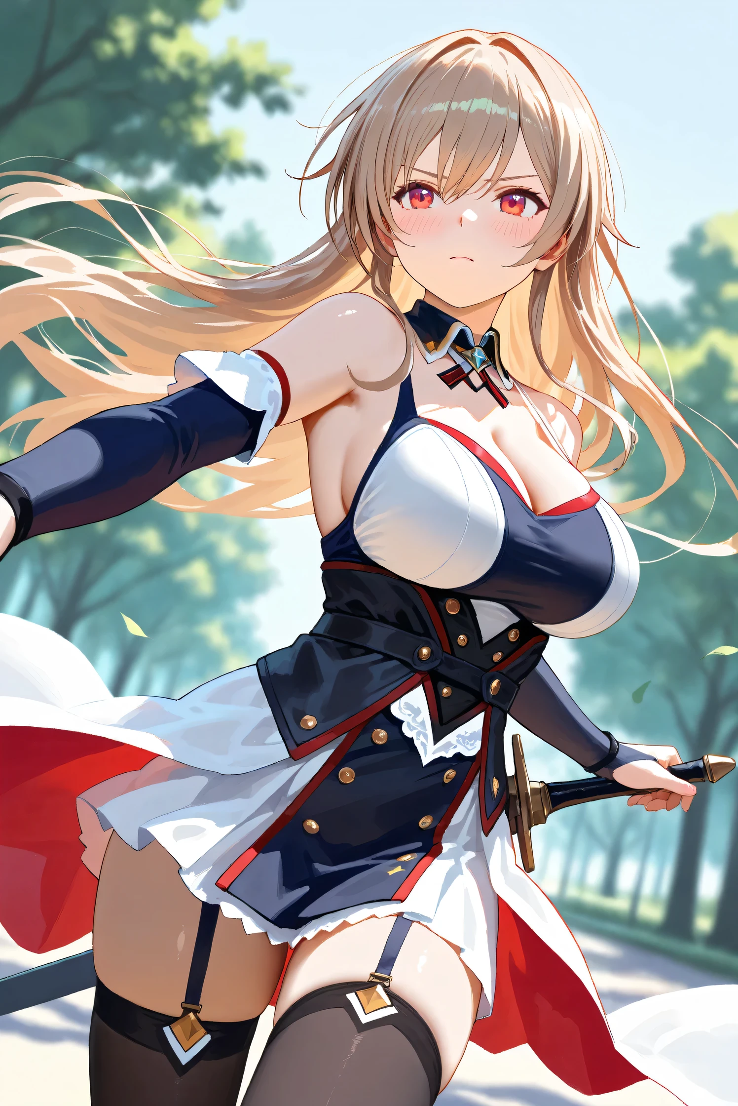 (Masterpiece), (Highest quality), (Very detailed),
(The best shape), (Best Shadow), (Absurd),
(Detailed background), (So beautiful), Shiny ,
Extraordinary, Countershading, 8k, 32K, High resolution, Beautiful eyes in every detail,
Very Detailed CG, UHD,
Score_9, Score_8_up, Score_7_up, Source_anime,
(Pastel painting:1.2), (Watercolor painting:1.2),
(Masterpiece, Detailed:1.2), (Foreshortening:1.2),
Cinematic, Dramatic, (Depth of field:1.4),
(Blurry background:1.4), (Realistic background:1.4),
(Foreshortening:1.3),Dynamic angle, 1 girl,
Outdoor, Nature, Park, Wind,
from below,
Furen E Lustario,
Nijisanji, virtual youtuber,
frnel, very long hair, blonde hair, brown hair, bangs, red eyes, hair between eyes, large breasts,
t costume, dress, short dress, detached collar, bare shoulders, detached sleeves, cleavage, collarbone, bridal gauntlets, black thighhighs, zettai ryouiki, garter straps, waist cape,boots, high heels,
cowboy shot,
(Blush:1.3), Serious expression, Fighting spirit,
sword, sheath,
Realistic skin, Shiny skin,