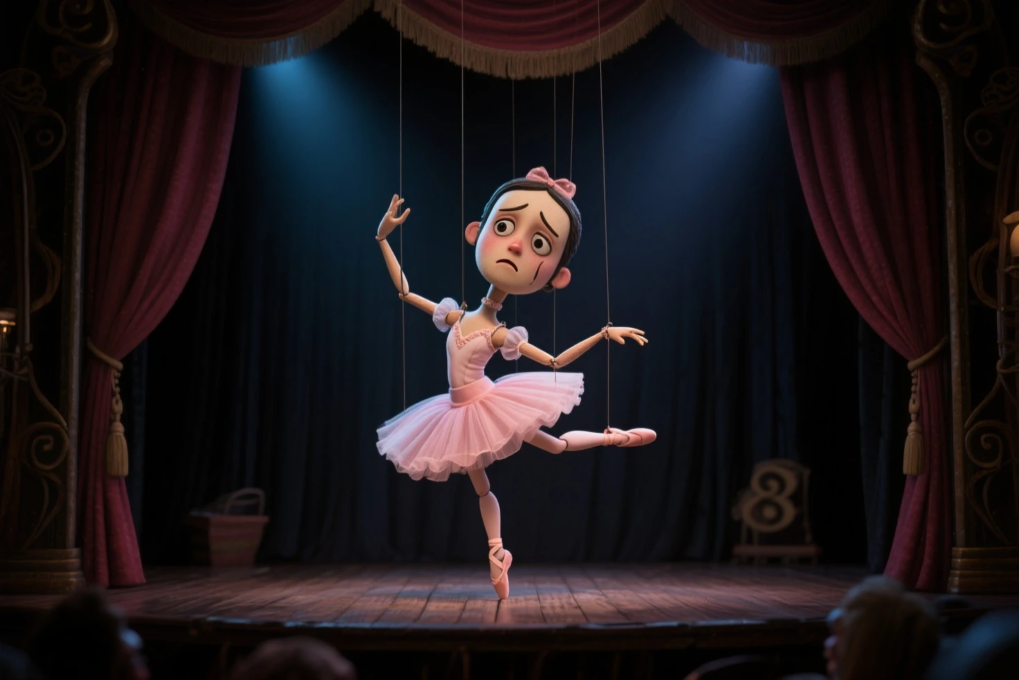 ((masterpiece, highest quality, Highest image quality, High resolution, photorealistic, Raw photo, Extremely detailed CG unified 8k wallpaper)), 
((Puppet show stage, ballerina marionette performing dance, sad face, dark theme:1.3)),