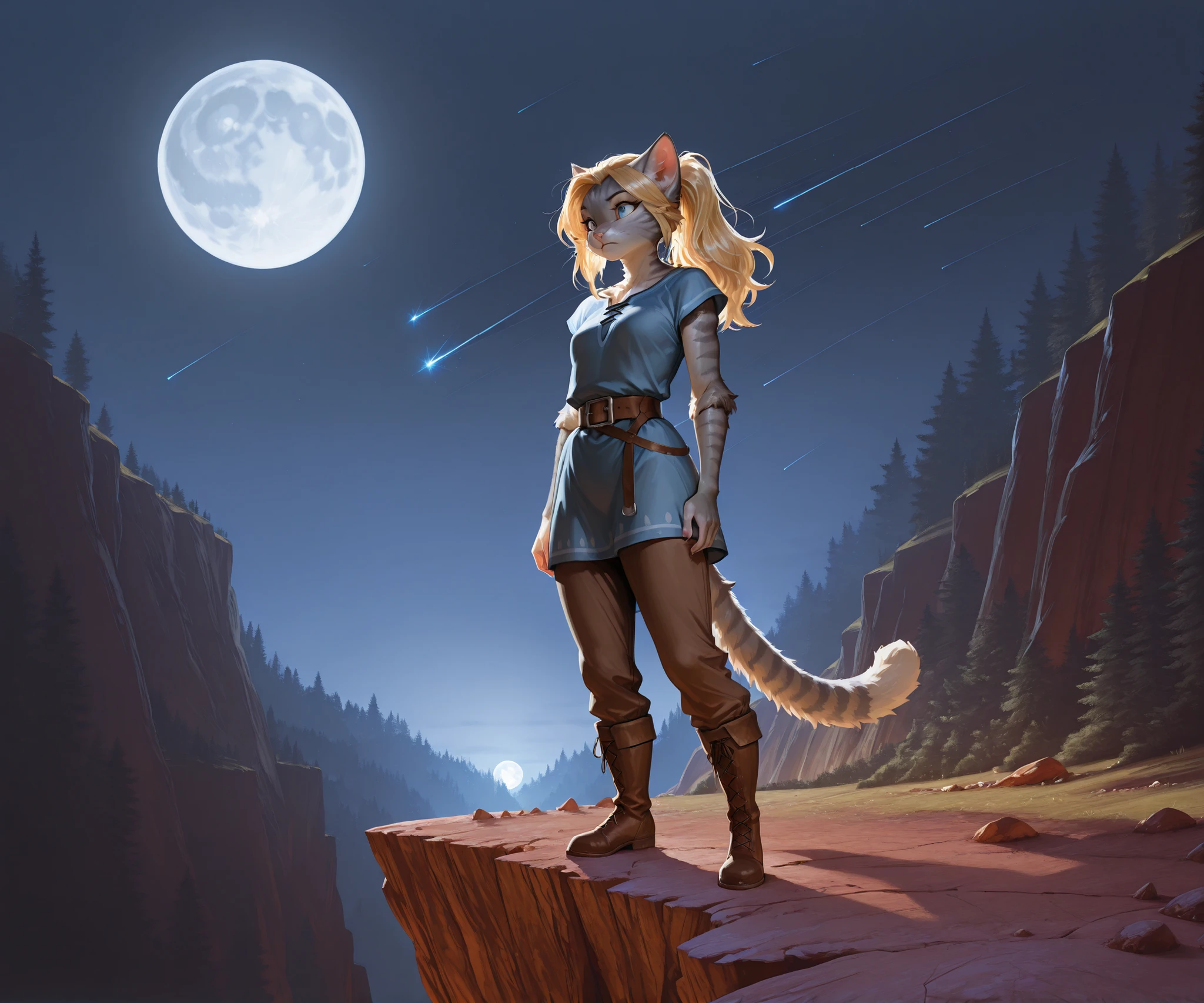 , masterpiece, best quality, amazing quality, toony, katxl, blonde hair down, anthro furry feline, grey striped body, slender body, blue eyes, small breasts, long blonde hair, hair in ponytail, grey striped fur, cat tail. wearing blue tunic, brown pants, Belt, brown boots, she is looking forward, fluffy fur, BREAK, she is standing atop a cliff, tall cliff, standing on the edge of a cliff, the cliff is overlookong a majestic deep forest, forest in the background. shooting stars in the night sky, full moon, BREAK, far away shot, long shot, , soft shading, clean lineart, high quality, photorealistic details, volumetric lighting,