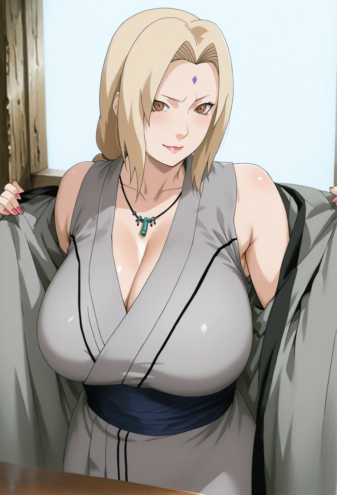 (masterpiece, highest quality:1.2), alone, One Girl, Tsunade Defense, Forehead mark, View your viewers,Browsing Caution、((anime、Upper body naked、Sad face、Exposed breastedium Size、Off the shoulder、Torn clothes))、、Open kimono, Green haori, Gray kimono, sash, pants 、Upper body close-up、Close-up of a person、Beautiful girl with beautiful details, very cute, Beautiful girl with beautiful details, professional photography lighting, Highly detailed eyes and face, Beautiful eyes in every detail、Beautiful detailed hair, Beautiful and exquisite cold face、