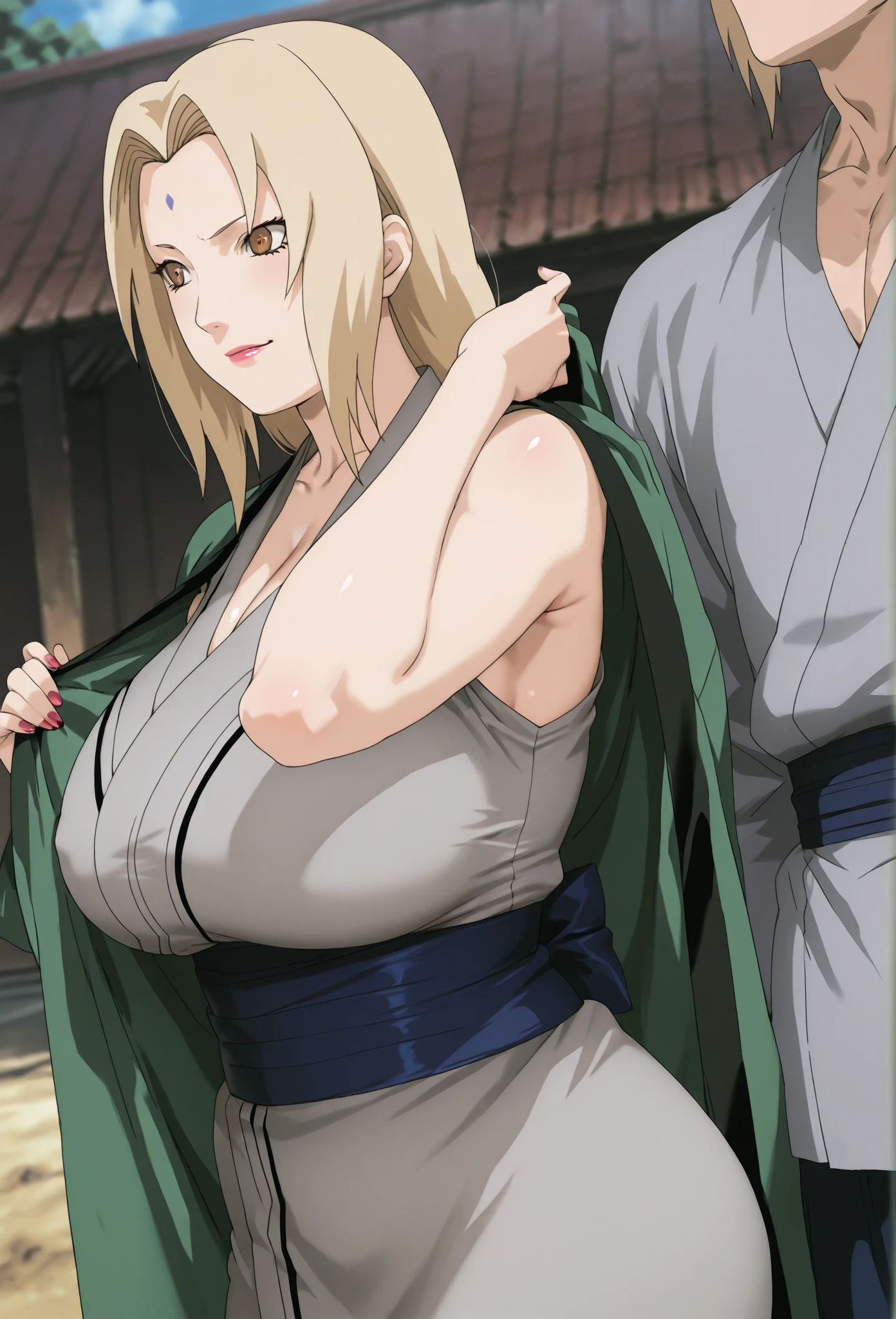 real Life adaption of this character,her name Tsunade senju from anime naruto ,hyper realistic ,very realistic detailed yellow hair, high resolution, photorealistic,very detailed,short and revealing kimono, beautiful face,detailed shining eyes, longing expression, loving smile, realism, cleavage, large breasts,