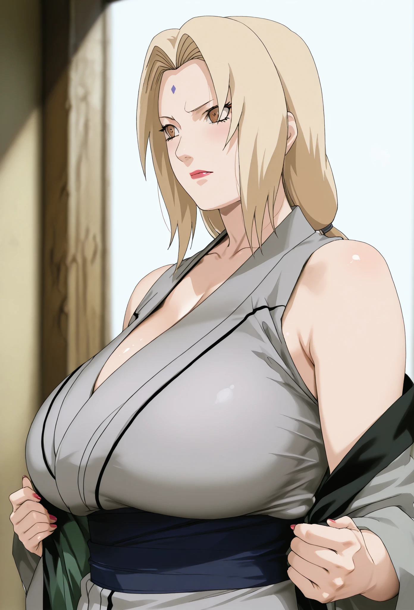 (huge tits), cleavage, good anatomy, masterpiece, best quality, 4k, 8k, professional photography, soft light, sharp focus, 1 girl, blonde hair, sports bra, (mountain), clouds, blonde hair, parted banks, detailed face+brown eyes, smile, closed lips, lipstick, windows,full bodyshot, deep navelshow :1.5