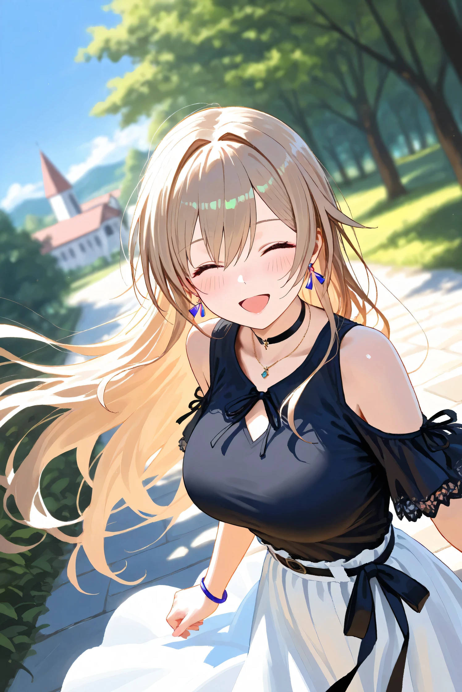 1 lady, 20 years old, blonde hair, long hair, wavy hair, light brown eyes, huge breasts,
BREAK (masterpiece), (high resolution 8K), cinematic lighting, professional lighting, detailed eyes and face, detailed body,
BREAK On a peaceful morning, a woman sits on a park bench, surrounded by the lush greenery of a well-kept garden. She takes a selfie with a serene smile, dressed in comfortable yet stylish workout gear, following a refreshing jog. The background showcases the tranquility of the park, with a scenic view of walking paths, flowering plants, and a distant fountain, reflecting a moment of relaxation and connection with nature
