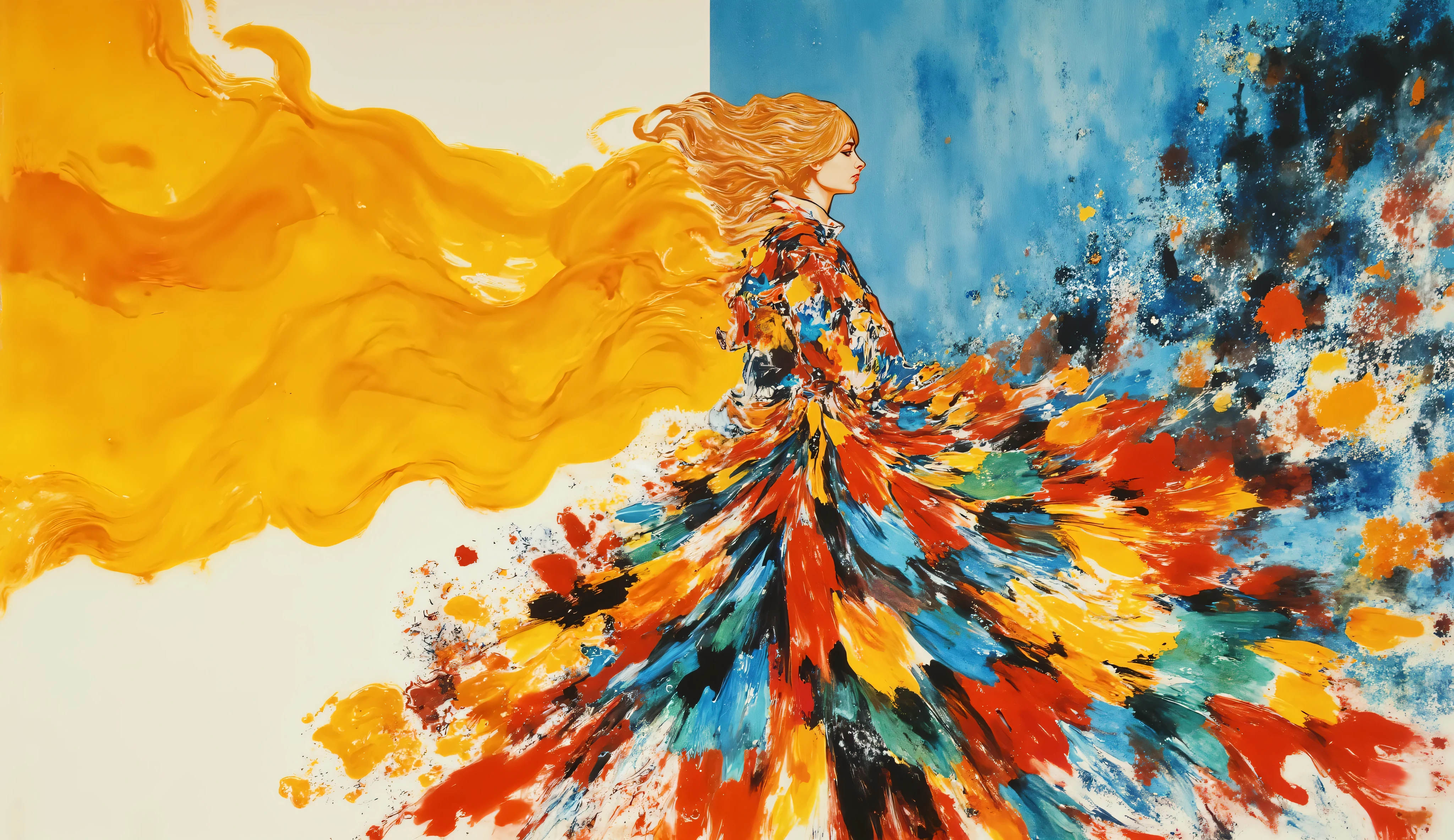 fashion illustration, illustration, fantasia surreal, Beautiful girl with long wavy hair walks using summer dress, in Rio de Janeiro, Redentor, color palette Button Blue, Dark Yellow, Peridot, UE Red, Carmine, morning, volumetric lights, , acrylic, fashion illustration.