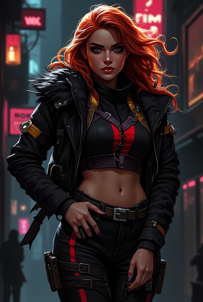 Girl with red hair, black lips in cyberpunk 2077 style in a bar. The girl is wearing a leather jacket with long sleeves and a short leather skirt. Emphasis on red. In her hand she has a katana, a black katana with a red blade.. realistically