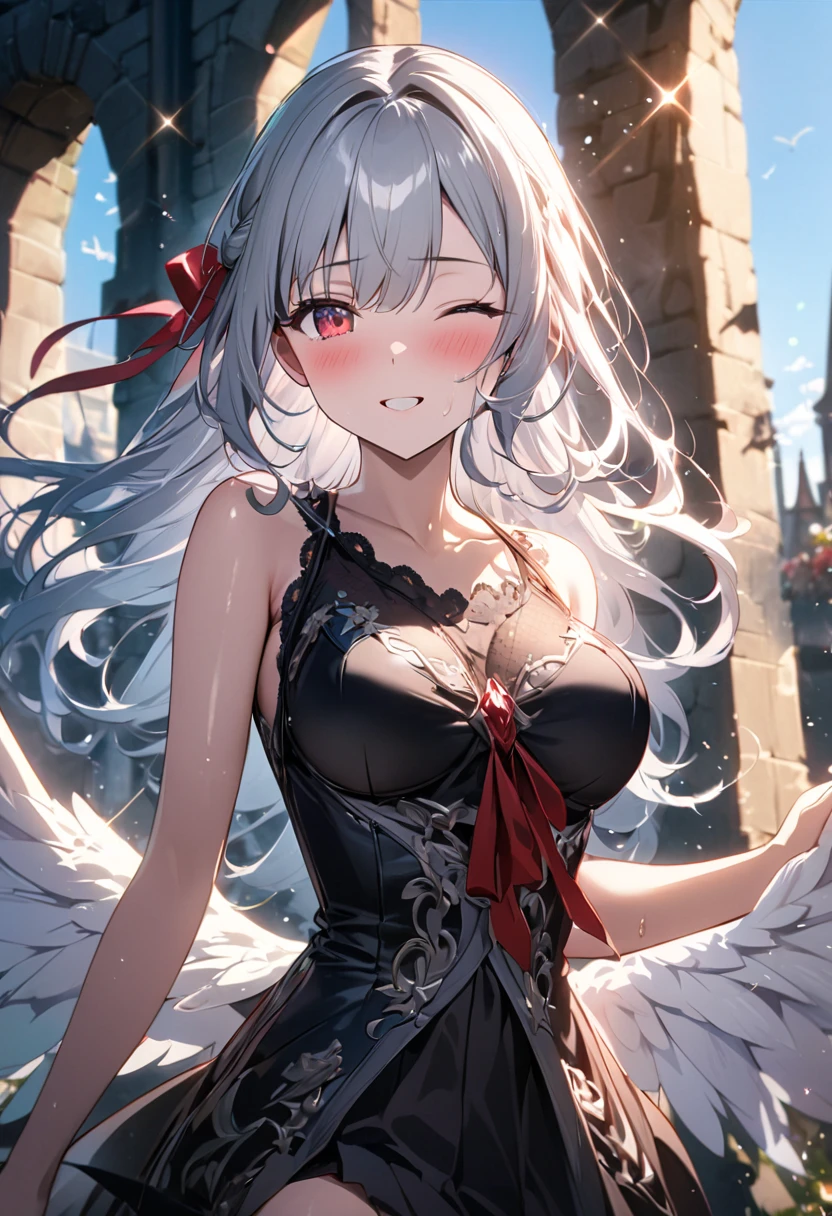 silber hair、red eyes、Beautiful girl alone、独奏、animesque、Black dress、Wings of a Black Angel