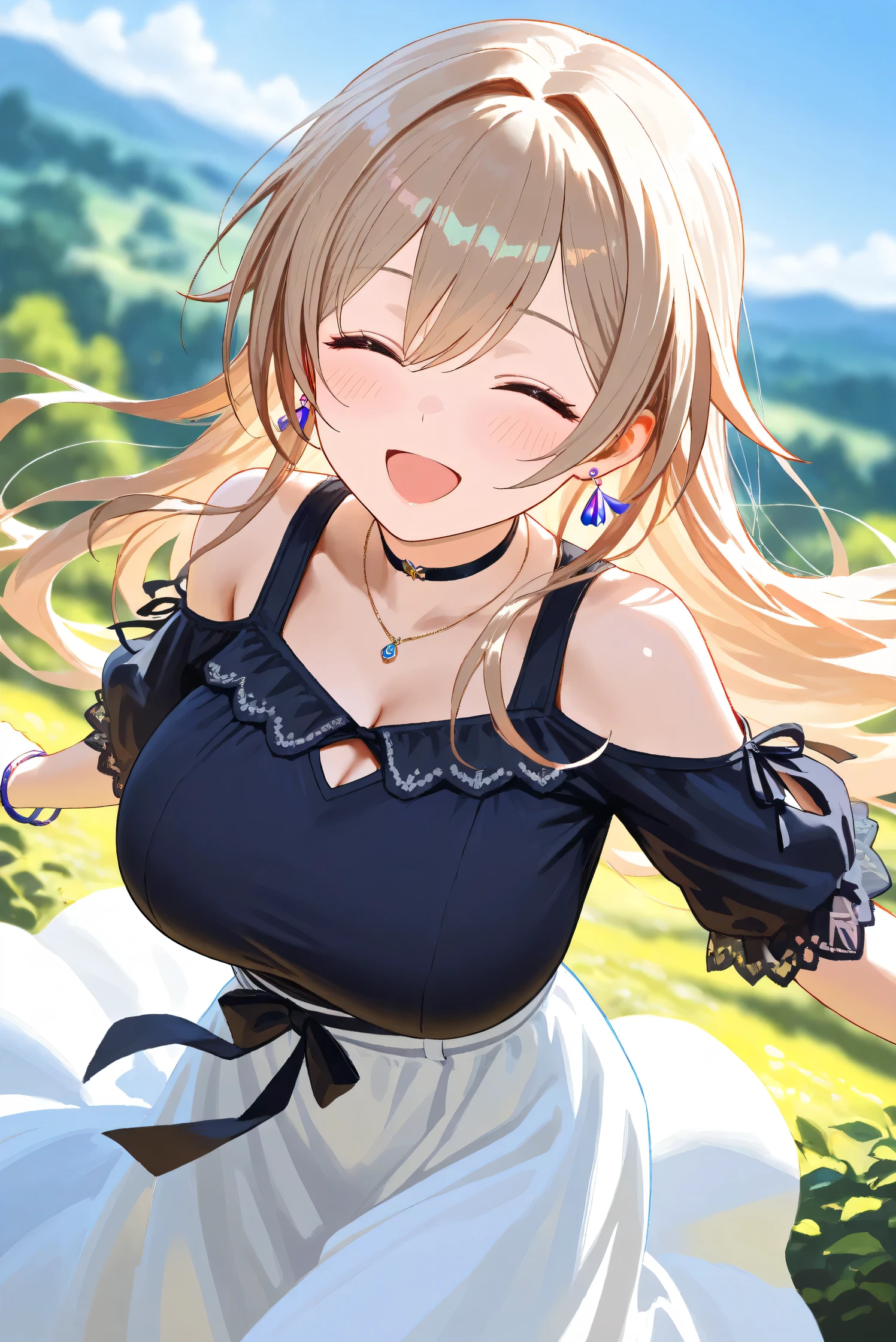 (Masterpiece), (Highest quality), (Very detailed), 
(The best shape), (Best Shadow), (Absurd), 
(Detailed background), (So beautiful), Shiny , 
Extraordinary, Countershading, 8k, 32K, High resolution, Beautiful eyes in every detail,
Very Detailed CG, UHD,

Score_9, Score_8_up, Score_7_up, Source_anime, 
(Pastel painting:1.2), (Watercolor painting:1.2),
(Masterpiece, Detailed:1.2), (Foreshortening:1.2),

Cinematic, Dramatic, (Depth of field:1.4),
(Blurry background:1.4), (Realistic background:1.4),
(Foreshortening:1.3),Dynamic angle, 1 girl,
fantasy background, Outdoor, Nature, Wind, blue sky,
fantasy buildings,
from above,

Furen E Lustario,
Nijisanji, virtual youtuber,
frnel, very long hair, blonde  hair, brown hair, bangs, 
hair between eyes, large breasts, 

casual wear,  black shirt, ribbon tie, clothing cutout, shoulder cutout, black choker, bare shoulders, long skirt, white skirt, jewelry, (Purple earrings:1.1), necklace, bracelet,

portrait, focus on face, close up,
(Blush:1.3), happy, smile, open mouth, her eyes closed,
Realistic skin, Shiny skin,