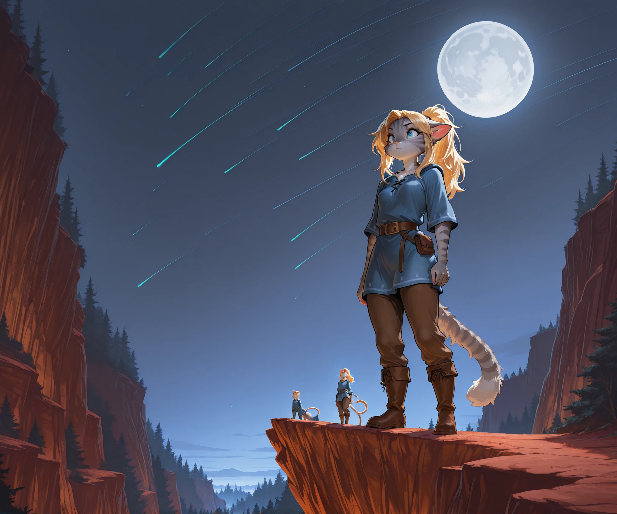 , masterpiece, best quality, amazing quality, toony, katxl, blonde hair down, anthro furry feline, grey striped body, slender body, blue eyes, small breasts, long blonde hair, hair in ponytail, grey striped fur, cat tail. wearing blue tunic, brown pants, Belt, brown boots, she is looking forward, fluffy fur, BREAK, she is standing atop a cliff, tall cliff, standing on the edge of a cliff, the cliff is overlookong a majestic deep forest, forest in the background. shooting stars in the night sky, full moon, BREAK, far away shot, long shot, , soft shading, clean lineart, high quality,