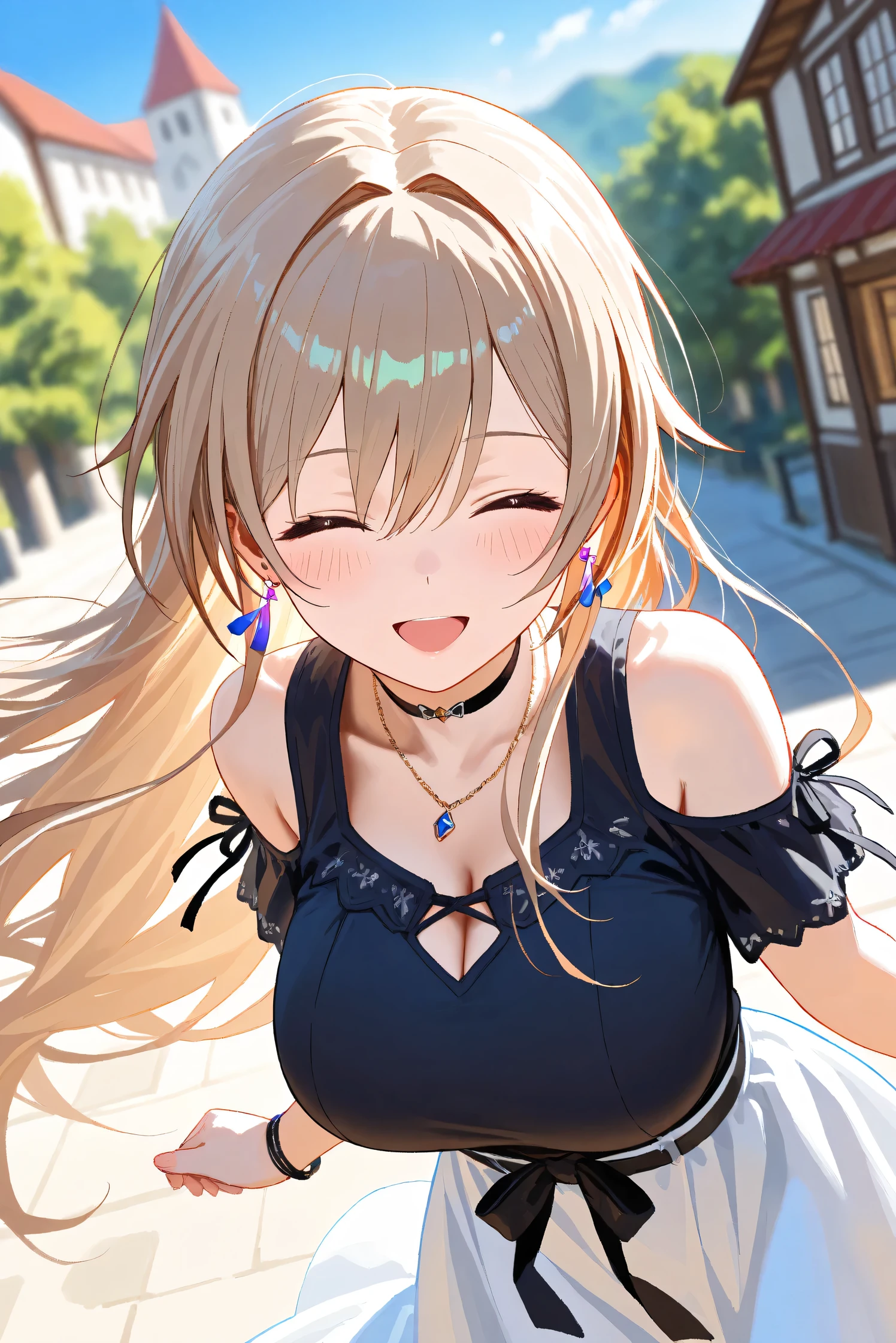 (Masterpiece), (Highest quality), (Very detailed), 
(The best shape), (Best Shadow), (Absurd), 
(Detailed background), (So beautiful), Shiny , 
Extraordinary, Countershading, 8k, 32K, High resolution, Beautiful eyes in every detail,
Very Detailed CG, UHD,

Score_9, Score_8_up, Score_7_up, Source_anime, 
(Pastel painting:1.2), (Watercolor painting:1.2),
(Masterpiece, Detailed:1.2), (Foreshortening:1.2),

Cinematic, Dramatic, (Depth of field:1.4),
(Blurry background:1.4), (Realistic background:1.4),
(Foreshortening:1.3),Dynamic angle, 1 girl,
fantasy background, Outdoor, Nature, Wind, blue sky,
fantasy buildings,
from above,

Furen E Lustario,
Nijisanji, virtual youtuber,
frnel, very long hair, blonde  hair, brown hair, bangs, 
hair between eyes, large breasts, 

casual wear,  black shirt, ribbon tie, clothing cutout, shoulder cutout, black choker, bare shoulders, long skirt, white skirt, jewelry, (Purple earrings:1.1), necklace, bracelet,

portrait, focus on face, close up,
(Blush:1.3), happy, smile, open mouth, her eyes closed,
Realistic skin, Shiny skin,