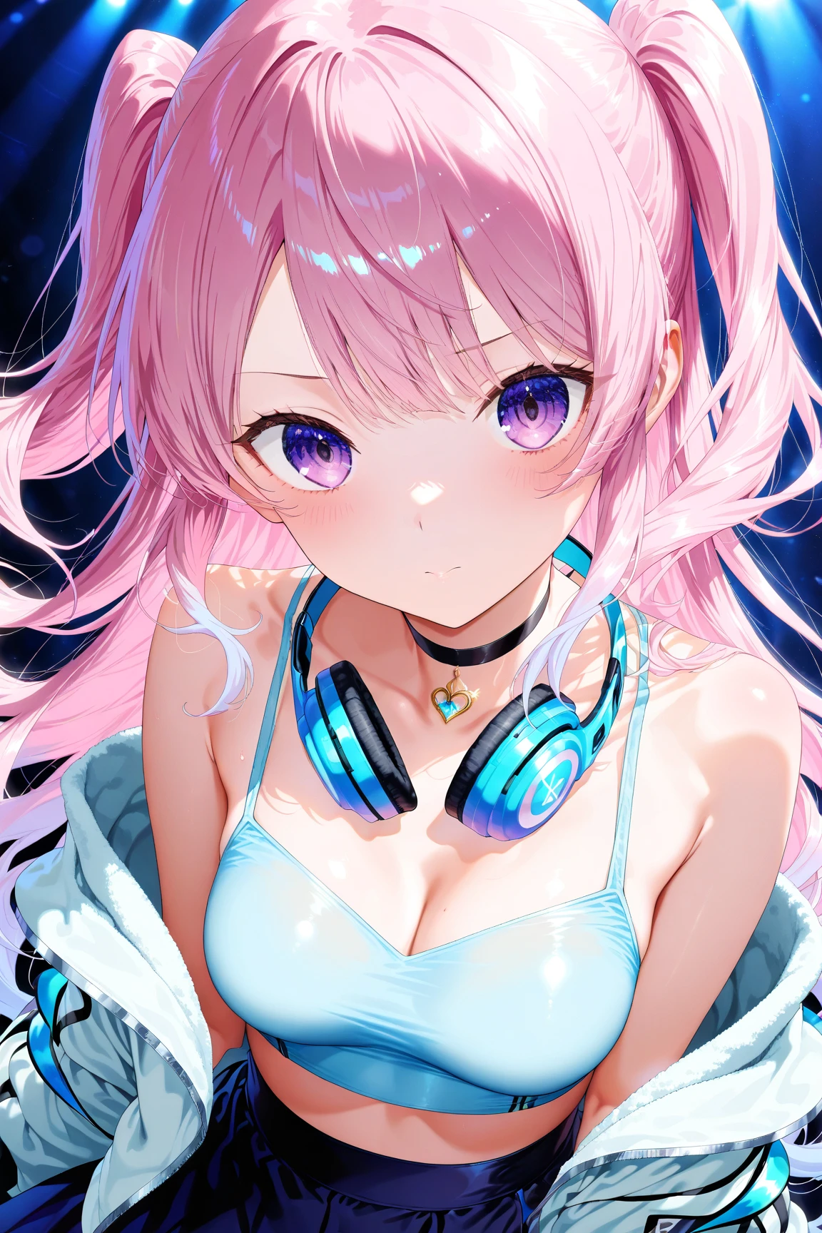 Exquisite intricate portrait of cute woman in her bedroom at night, full body, (OnlyFans:1.1), (TikTok:1.2), (long pink and blue streaks hair:1.2), (blue led kitten ear headband), (headphones:1.1), (body cloaked with led light strings:1.2), intricate patterns of light and shade, (heart stamps:1.2), (makeup winged eyeliner:1.2), led lights, pink bedroom, (skimpy outfite:1.2), (detailed face and eyes:1.2), (sport shoes), (round breasts), (detailed hand and finger:1.2), (medium breasts:1.2), (busty), (deep cleavage:1.2).