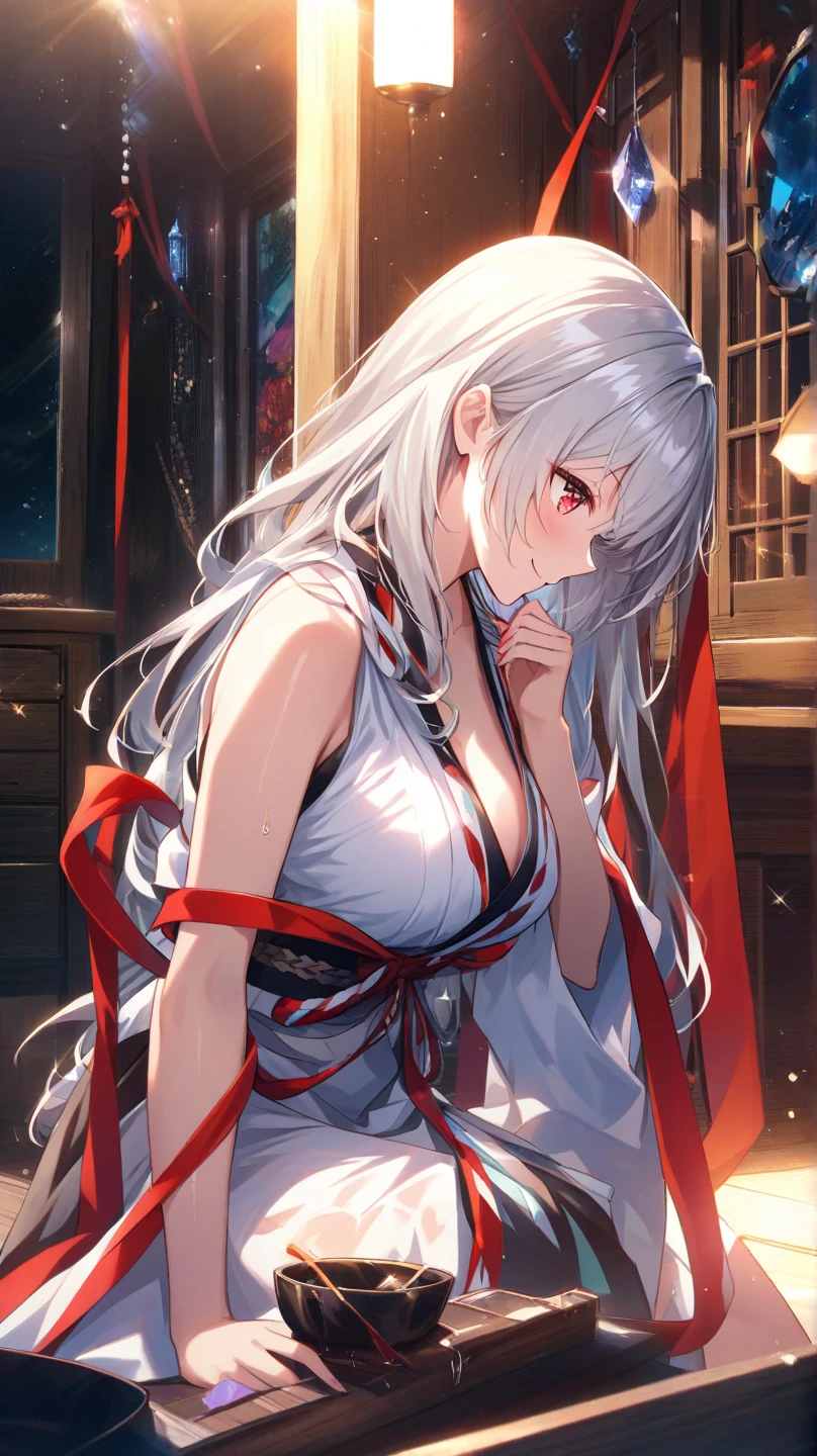 super high quality, masterpiece, Perfect illustration, Very detailed (Exquisite light and shadow, Very dramatic photo,Backlight) , ((Gray Hair:1.5))1 Girl,(( alone:1.6)), (Wearing Han clothes, Black and white Hanfu,Monotony,Long sleeve) (White smoke:1.3) (Realistic:1.4), Official Art, unity 8k wallpaper, Very detailed, Beautiful and beautiful, masterpiece, Highest quality, (Dynamic Angle: 1.4), Glowing Skin, (Floating colorful flashes: 1) The most beautiful chaotic shapes, elegant, Brutalist Design, Bright colors, Romantic Depth of Field Exotic_dance, half_naked、Expose your shoulderedium breasts、Great cleavage、Lean forward