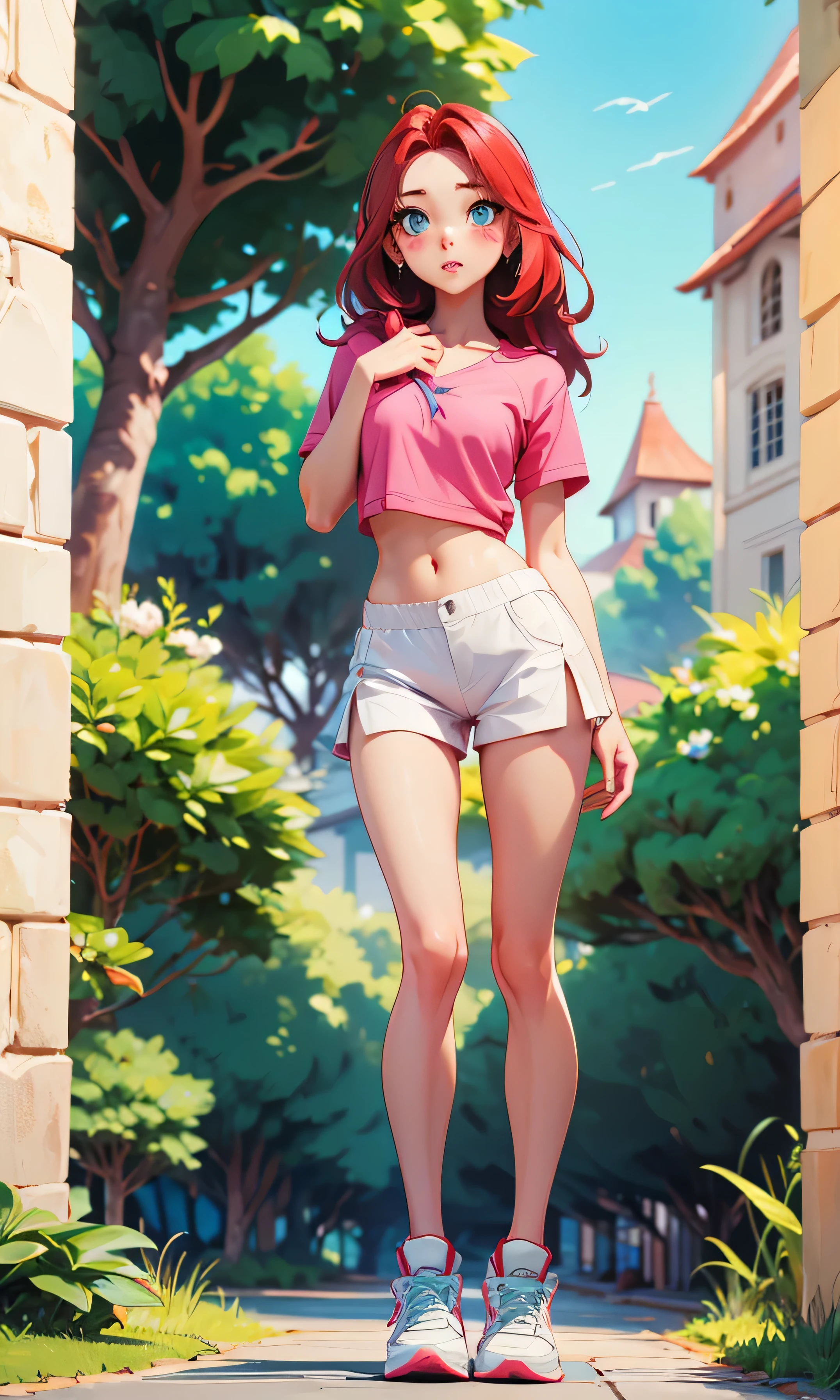 Masterpiece, high facial detail, una niña hermosa, thinand tall, skinny girl, an asian girl, Yuna from ITZY, redhead, long hair, short hair, blue eyes, blushing, a full body girl, flat chest, abdomen, textured skin, long legs, legs apart, sexy pose, white top and shorts, naked, nude, pussy, exhibition, white sport shoes, facing the viewer, in the park, green trees,