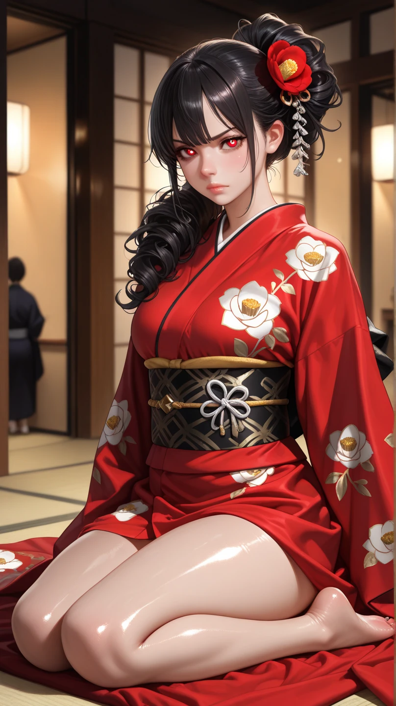 (masterpiece, best quality, ultra detailed, high resolution, absurdres:1.4), (shiny black hair, twin-buns style, smooth and white shiny skins:1.2), (super fine illustration, extremely detailed CG unity 8k wallpaper), 1girl, extremely cute and beautiful girl. slender, abs, medium breasts, red, gold, BREAK, (lace), (single fishnet legwear, single garter strap, cross-laced sleeves, cross-laced clothes:1.2), heart, collar, ribbon choker, ear piercing, BREAK, Japanese kimono, gothic Lolita, knee-length skirt, BREAK, background is Japanese hotel in the night, ryokan, wasitu background, light grin smile, sitting, wariza, hands on between legs, ufotable style, anime screen cap, pink lipstick, perfect anatomy, perfect proportion, beautiful detailed face,