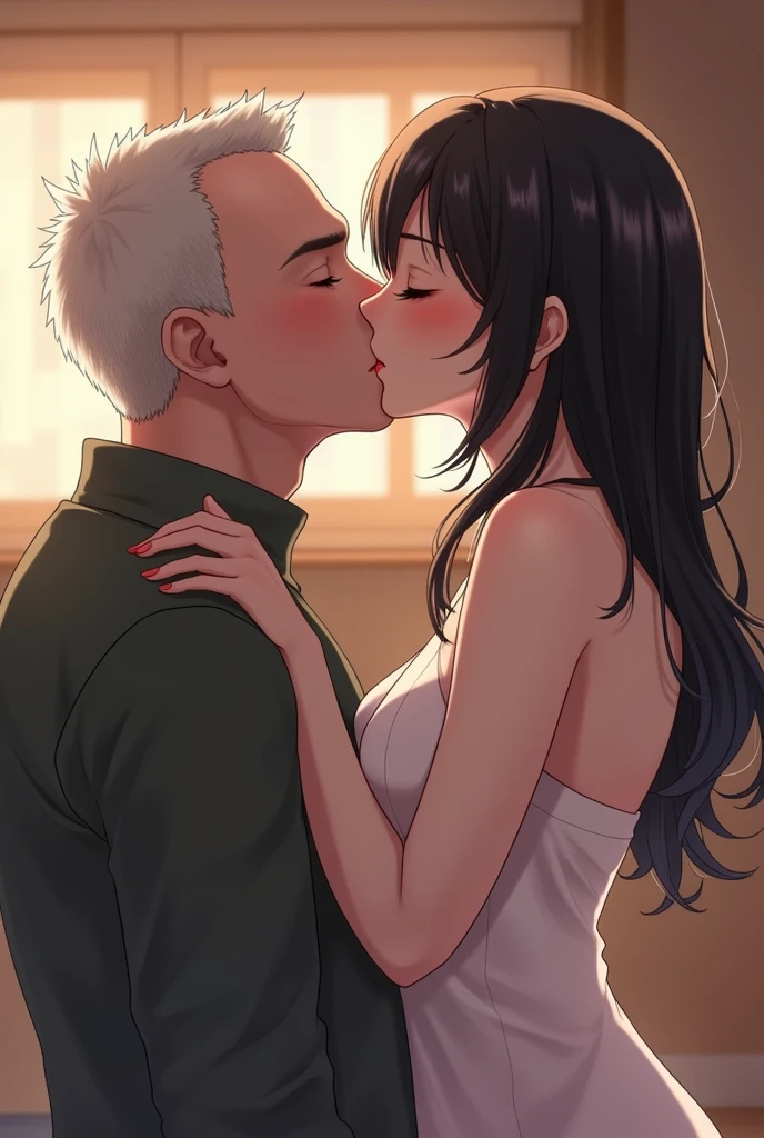 Amazing portait of a hot next door neighbour with her hair tied in a messy bun wearing an off shoulder checked olive green shirt that is unbuttoned and oversized kissing and making out passionately with her male neighbour on her bed in an intimate setting