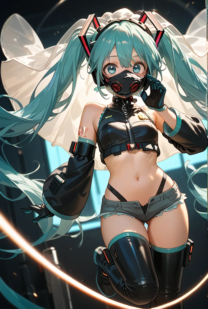 Hatsune Miku,,tetas enormes,style of anime, sci-fy ,Japanese Assassin Lord , latx , tobey pants, mouth mask, leg tattoos, Tattooed with,Aqua hair, Braided headband, (african man, Dark skin:0.6), little breast, slimfigure, full bodyesbian, daggers, Moon Night, In the garage, (Very detailed hands, Hand model:1.4)