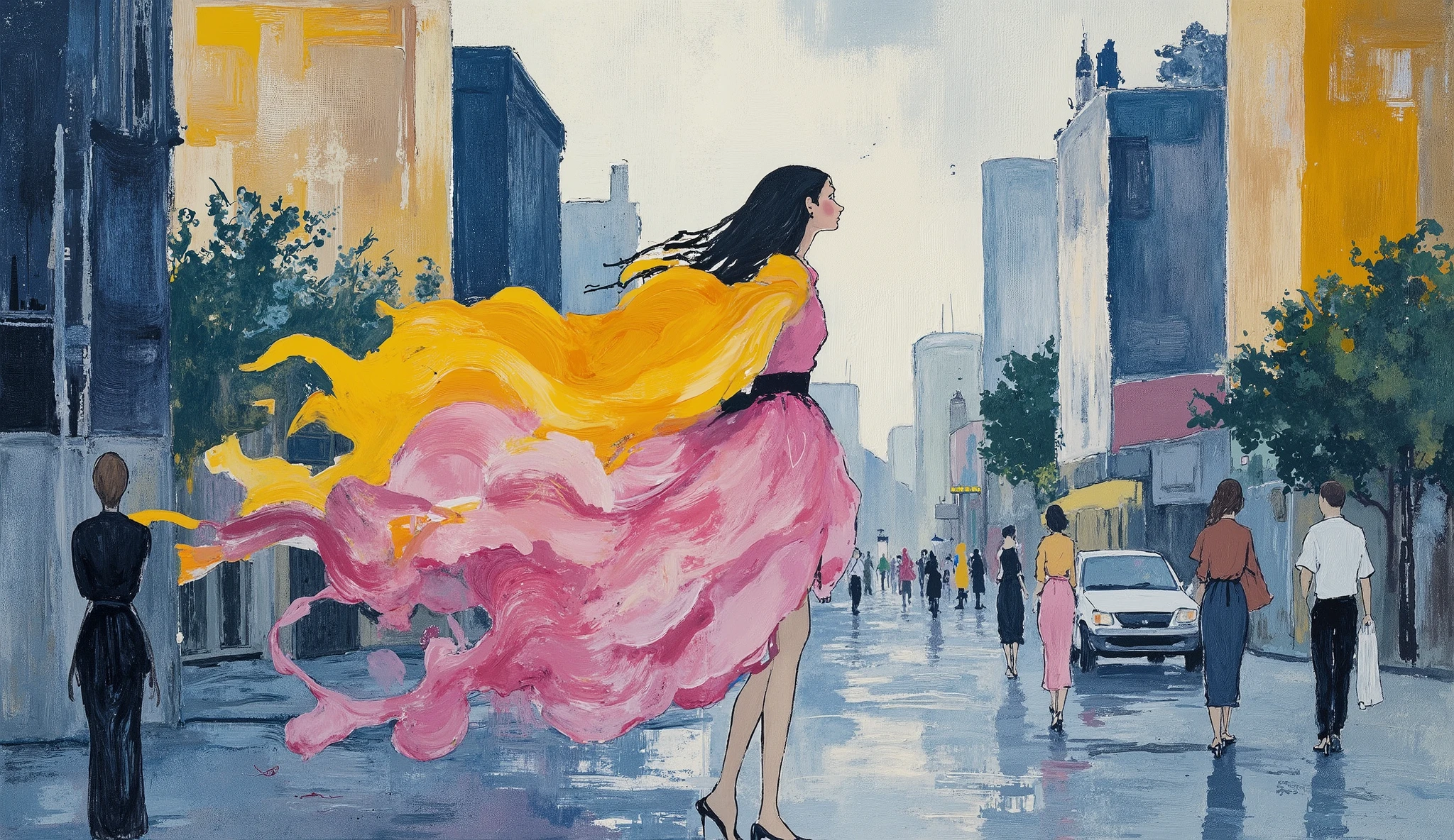fashion illustration, illustration, fantasia surreal, Beautiful girl with long wavy hair walks using summer dress, in Rio de Janeiro, Redentor, color palette Button Blue, Dark Yellow, Peridot, UE Red, Carmine, morning, volumetric lights, , acrylic, fashion illustration.