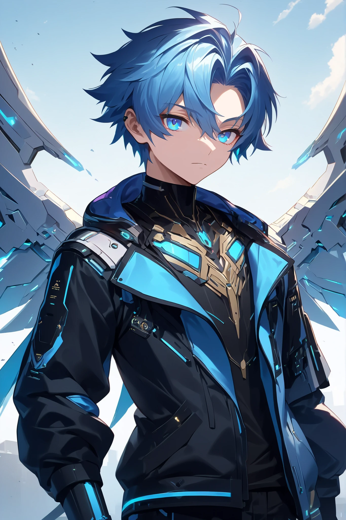 ((Alone))(a boy))((High Quality))((top quality))((4k))((extremely detailed))((best illustration))((best shade))((anime style))((angel))((futuristic))Create an angel with a futuristic appearance. He has blue hair with a large light blue tuft, sky blue eyes and wear a cyberpunk blue jacket with purple details, black shirt, technological gloves and black pants with blue lights. He wears technological ear covers and a golden aura. His white wings shine with blue light when he uses his power. You can create technological weapons, hack systems and travel around the digital world. (anime style 2D o 2.5D)