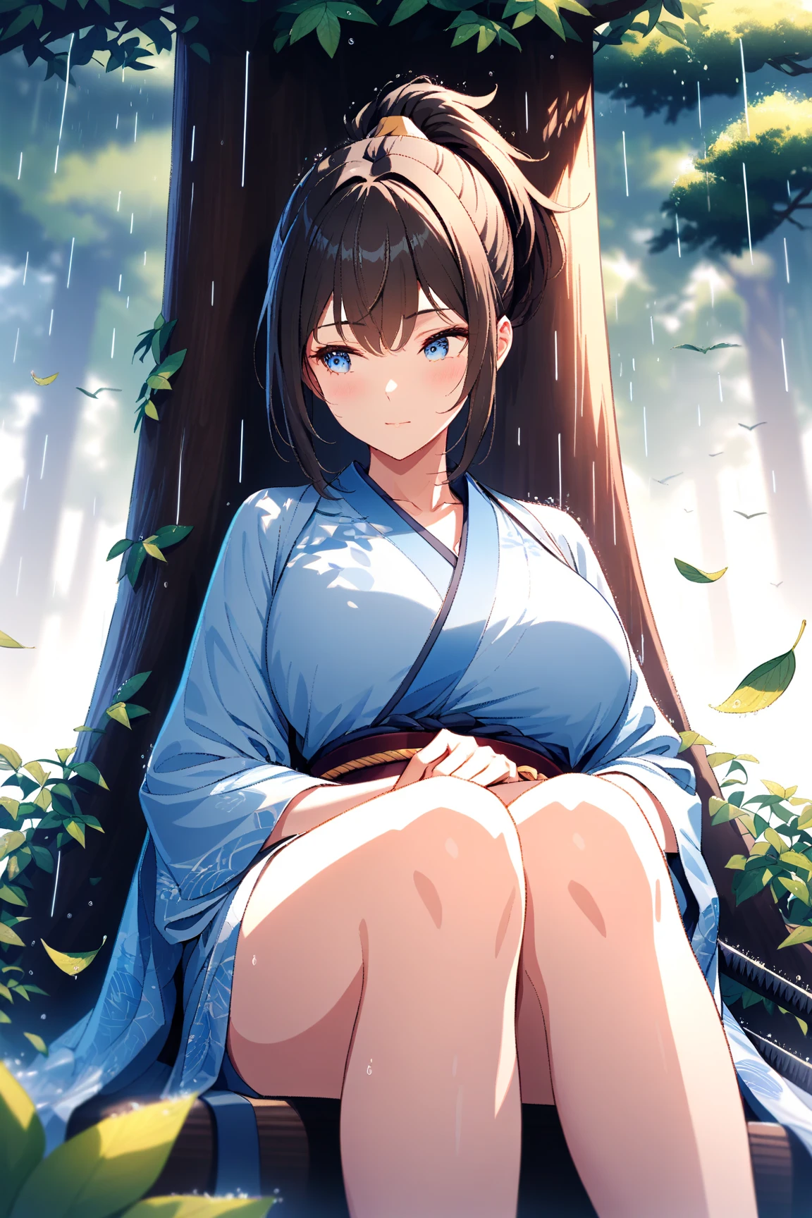 Mature woman in a white yukata squatting on a stone bridge in the Nishikigoi pond in the garden, tilting her head, detailed eyes, long straight black hair, masterpiece, from below, detailed white panties