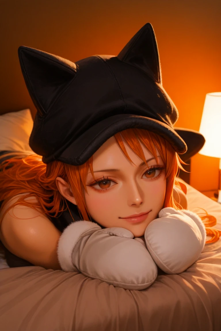 makima (chainsaw man), best quality, ultra detailed, 1girl, solo, red hair, long braided hair, golden eyes, bangs, medium breasts, white shirt, necktie, stare, smile, (evil:1.2), looking at viewer, (interview:1.3), (dark background), from below, sharp contrast , gorgeous detailed eyes, focus , close up shot , glowing orange eyes,front view, kneeling, back turned