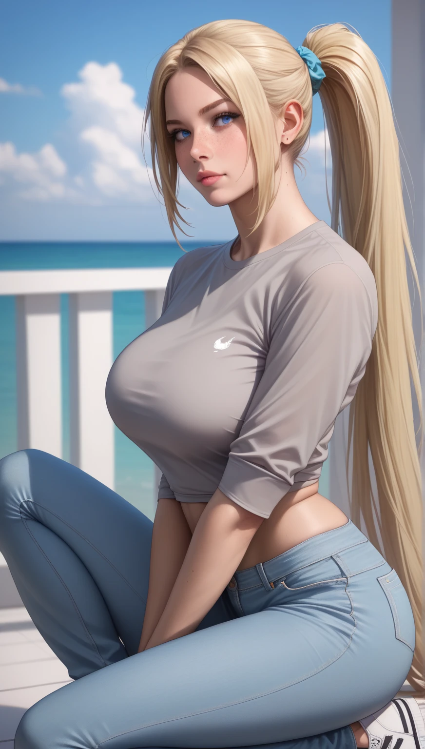 Portrait of amazingly beautiful tanned bimbo,full bodyesbian(Full-body photography),Soft, delicate, beautiful and charming face with attractive blue eyes,Sharp eyeliner,seduct smile,Blonde hair disturbed by the wind,High ponytail,Thick layered medium double-tailed hairstyle,Blushing eyeshadow and thick lashes,parted lip,the golden ratio, broad shoulder, a narrow waist, huge breasts,Optimal proportions of four fingers and one thumb,tight tshirt,skintight jeans,high-heels,