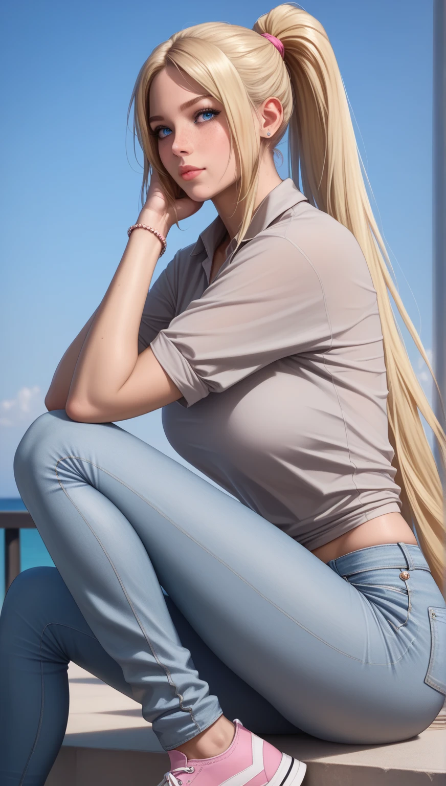 (Best Quality, 4k, 8k, high resolution, Masterpiece: 1.2), ultra detailed, (realist, fotorrealist, fotorrealist: 1.37), RAW photo, portrait of a beautiful blonde woman of 35 years with a yellow shirt and black pants Full length length, soft illuminaotion, (very detailed skin: 1.2), Fujifilm XT3, professional, Studio lighting, sharp focus, (vivid colors: 1.1), (Fine arts: 1.1), (fine art photography: 1.1), ELEGANT POSE, Elegant expression, (subtle smile:1.2), (long wavy hair:1.1), (striking in the eyes:1.1), (soft backlight:1.1), bokeh, (Romantic atmosphere:1.1), (dreamy atmosphere :1.1), (muted color palette: 0,9), (soft tones: 0,9), (soft tones: Coordination: White shorts、Navy Polo Shirt、Deck shoes。Adding a captain's hat is fun。
• Hairstyle: Low slick bun。
• background: Yacht deck and open sea。