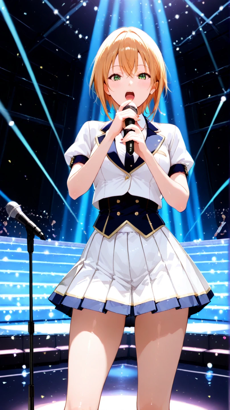 (((Pixel Perfect, Perfect in every detail))),(((Diameter-downward view of skirt,))), alone, One girl, Honoka Kosaka, loveliveアイドルドレス, View your viewers, smile, lovelive!stage, sing, (Lifted Skirt 1.3), (Detailed Panties 1.3), (White Panties: 1.3), (Ruffled Panties: 1.3),(Low - Angle) ,Blue eyes,orange hair,one side ponytail,short hair,