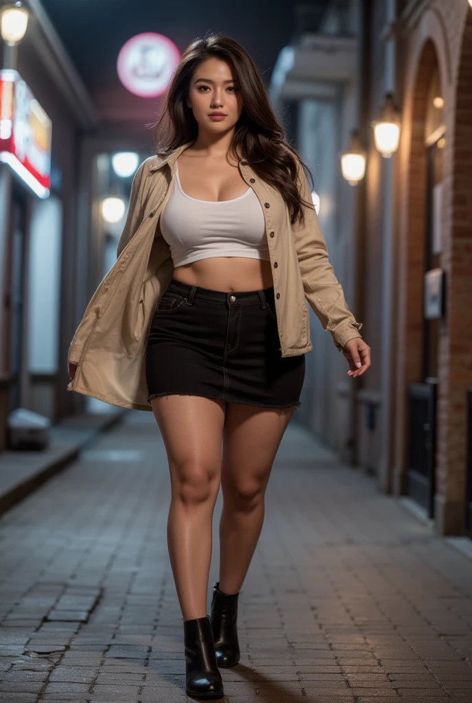 ((Nighttime - dark sky) - outside - quiet Indonesian alleyway - house garage - convertible car:1.75), ((Chinese-Indonesian:1.5)), very beautiful 40 yo fleshy Milf, slim waist, (fair complexion:1.25), very beautiful, hair with bangs tied-back in ponytail, (tight - button-down sleeveless shirt:1.55), (tight skirt - formal:1.75), (massive breasts under the shirt:1.45), (I have thick milf's arms:1.85), curvy - no muscles, (fully clothed:1.5), (high heels), (front view - I'm walking:1.5), (at evening night), (full-body - head to boot), anusha cleavage, busty, voluptuous, thick, curvy model body, body dents, visible lips, plump, fleshy juicy hips, glossy sweaty skin, 🤬❤❤️‍🔥💦🍑, juicy lips, plump red lips, fantasy character art, absurdres, high res, ultrasharp, 8K, professional photograph, award-winning portrait, masterpiece, high detail full-body view, symmetrical, Nikon D850, 85mm lens, f/1.8, depth of field,  