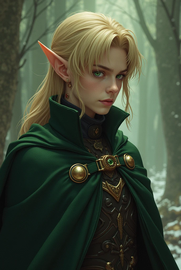 masterpiece, best quality, 1人, adults, Male focus , alone, Medium blonde, vibrant green eyes, watch the audience, capes, High quality metal texture, coat large, Keep one's mouth shut , By bangs, high-necked,(knowledge base:0.6), fantasy aesthetic, Very Detailed, Shadows Poem Style, Executioner Equipment, elvish ears, repair hand