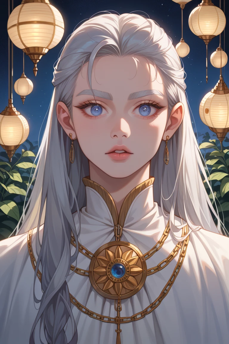 masterpiece, Highest Quality , (alone focus), ( Perfect Face:1.1), (High detail :1.1), (extremely meticulous eye), Dramatic , 1人, (pale-skinned), long gray hair, hereal eyes, (light eyebrows), alone, long hair, Thiago Azevedo, themoon, Night, White Luxury Set , pursed lips, furred, A proud expression,trpical garden, Detailed background, Art by artgerm, lighting, rosette, Fashionab, Balenciaga Style