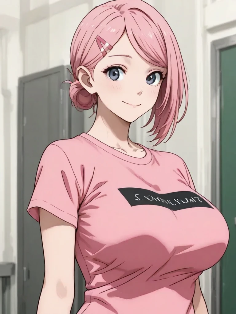 score_9,score_8_up,score_7_up,masterpiece,best quality,source_anime,1girl,solo,milf,
sakamoto aoi,
black hair,black eyes,hairclip,hair ornament,single sidelocs,swept bangs,
short sleeves,pink shirt,t-shirt,large breasts,