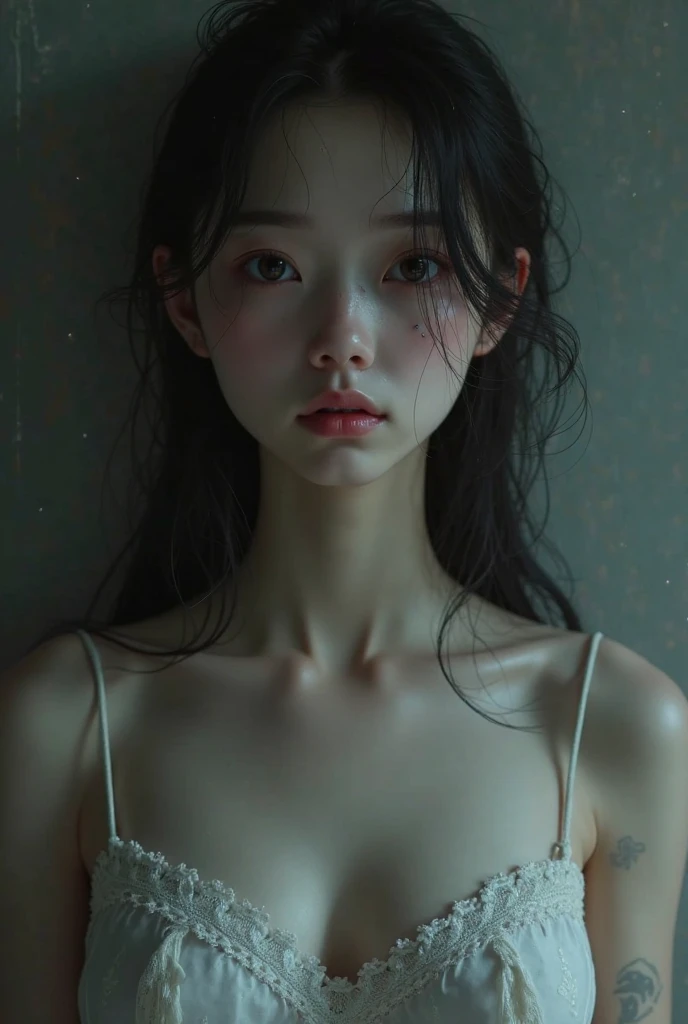 (((best quality))),(((ultra detailed))),(((masterpiece))),illustration,((1 beautiful girl,solo)),(short ponytail:1.2),(((sweat,wet))),((slim,thin)),((small breasts,flat chest)),(strapless torn brown bra:1.3),(cyberpunk city:1.3),(body soaked In the mud pit:1.3),(summer:1.2),(downpour:1.2), (mud-covered:1.2), street corner, resilience, fierce determination,vibrant colors,(mud splattered:1.3),city chaos,(muck:1.3),(neon lights:1.2),(muddy flooded street:1.3), towering buildings,(pounding rain:1.3), distressed structures,,(night scene:1.3),((from front,close-up of face))
