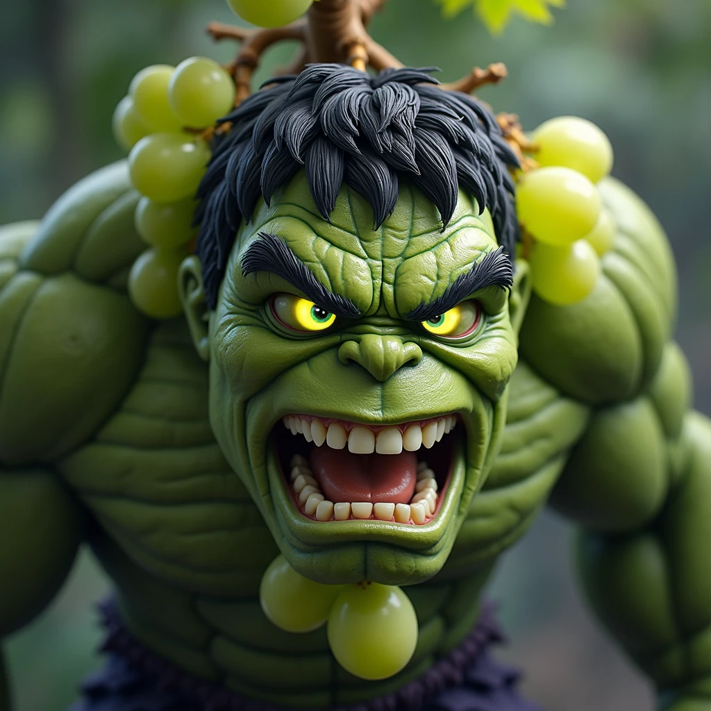 Portrait of angry hulk wearing wreath of grape brushes on his head. textured background, deep contrasts, Hasselblad X1D, 1/180s, f/2.8, ISO 640, (focused softness:1.1), cinematic allure. (((grape brushes))), (((grapes clusters)))