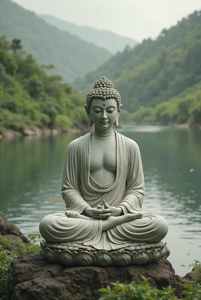 Mahavira statue with no drape grey stone in the middle of the chest meditating on a mountain with greenery
