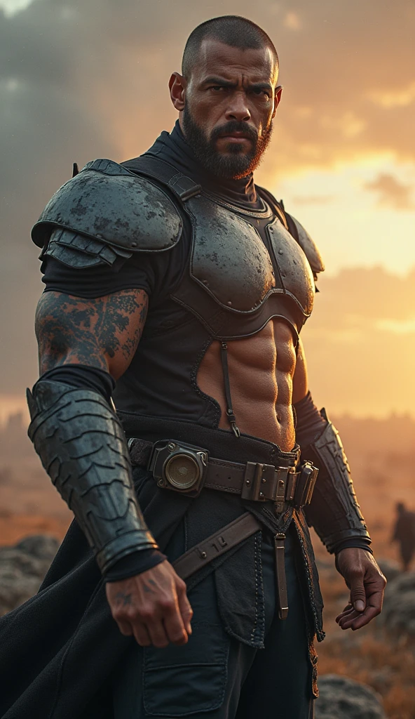 Haldor is an imposing human, com 1,90 metros de altura e olhos cinzentos penetrantes. His robust musculature is evidence of years of hard training and intense combat.. Marcado por cicatrizes de batalha, he carries the story of his unwavering resistance. Clad in tough leather armor and wielding a sharp warblade, Haldor is a formidable presence, standing out among the arid lands that shaped his youth.