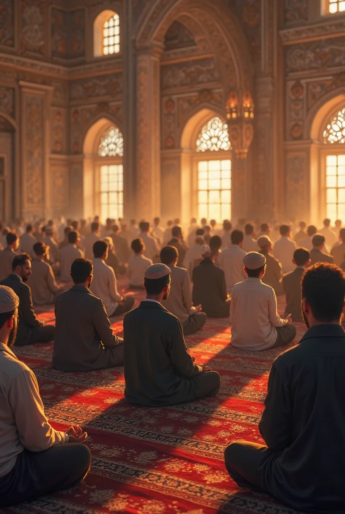 Twenty hairy, bearded men in their underwear, praying on their knees on carpets, with Islamic caps on their heads.