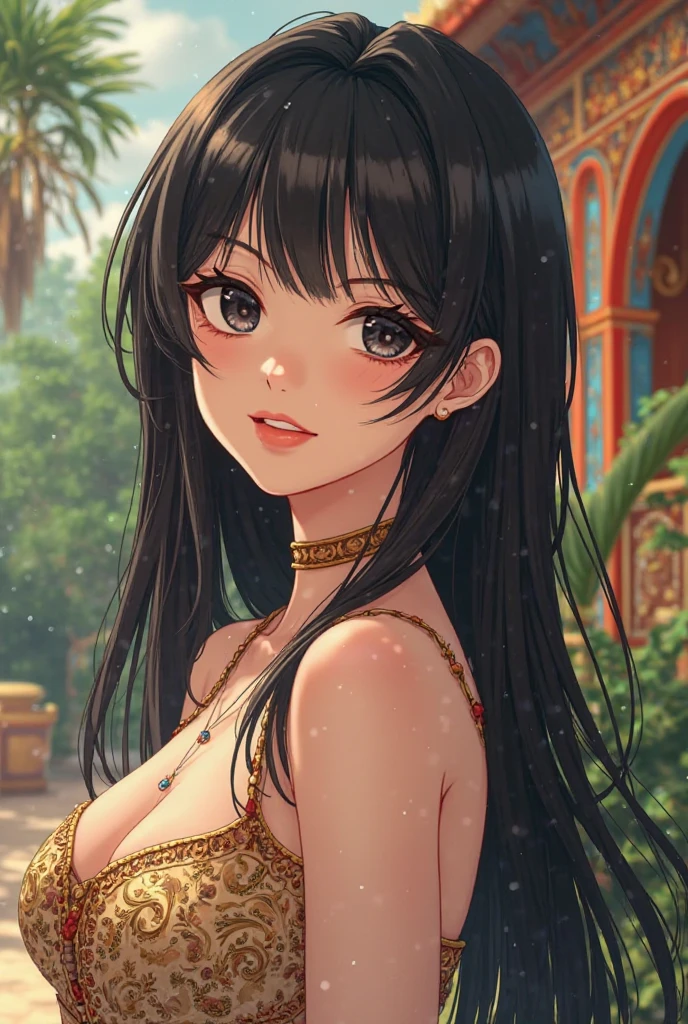 masterpiece, best quality, {best quality}, {{masterpiece}}, {highres}, focus, anime style, a closeup of a cartoon of a woman, girl design, portrait, giesha, anime image, long hair, black hair, straight eyes, hair covering ears, polished and powerful look, exotic, tall, freckles, cheerful, romantic clothing, colorful, colors