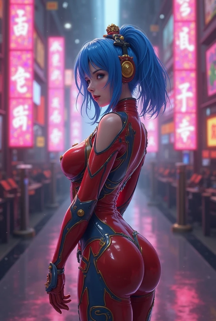 (photorealistic:1.8, highest quality:1.8,8K masterpiece:1.8,High resolution,muste piece:1.8,RAW Photos,cinematic lighting),No split screen, cyber punk、Back alley of the city at night、rain-soaked ground、vapor、 (1 android girl:1.3)、Completely naked、full body tattoo、choker、beautiful breasts、shirt、Denim Micro Shorts、beautiful butt,beautiful thighs,plump nipples、Nipples are visible through the costume,cameltoe,Body painting with a pop design drawn all over the body、pop art design、cutting edge fashion、conceptual art、 (Beautiful, shining red, blue and white hair:1.5)、Stoic、Angle from below、bold pose