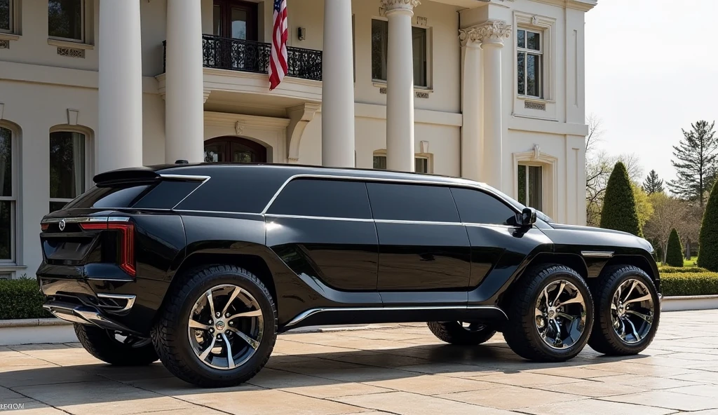 "A futuristic luxury 6-wheeled black limousine concept car with a bold and angular design, inspired by the Nissan Patrol, parked in front of a grand mansion with tall white pillars and an American flag waving in the background. The car features sharp, geometric body lines, chrome alloy wheels, and tinted windows, exuding power and elegance."