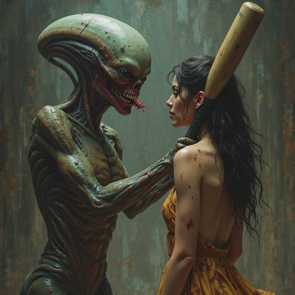 (extremadamente detallado, obra maestra, La mejor calidad), Estilo oscuro, intense illumination, rostro con arrugas, mujer crucificada, tentacle, monstruoso, interior de una piscina de agua verdosa, imagen submarina, alien con Colmillos finos. manchas de tinta. Rococo composition. Luz de caravaggio