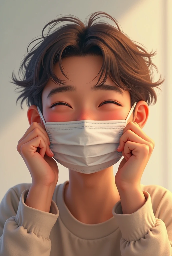 A boy,独奏,Wearing a white shirt,Dim lighting environment,Simple background,Hand holding a mask to cover the face,The mask is a smiley face。Very artistic,Realism,Ultra Detail。