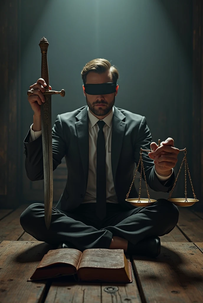  A blindfolded man, holding the scales of justice in his right hand and a fist in his left hand, is preparing to cut the chain that binds another person