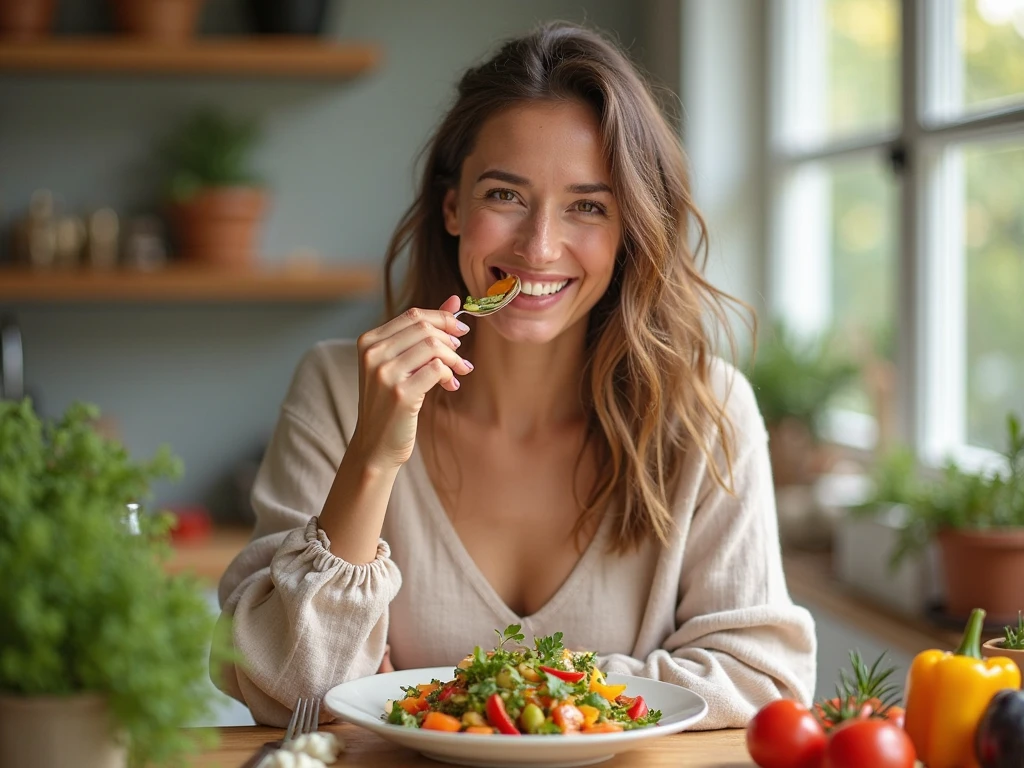girl+salad+red background+smile
