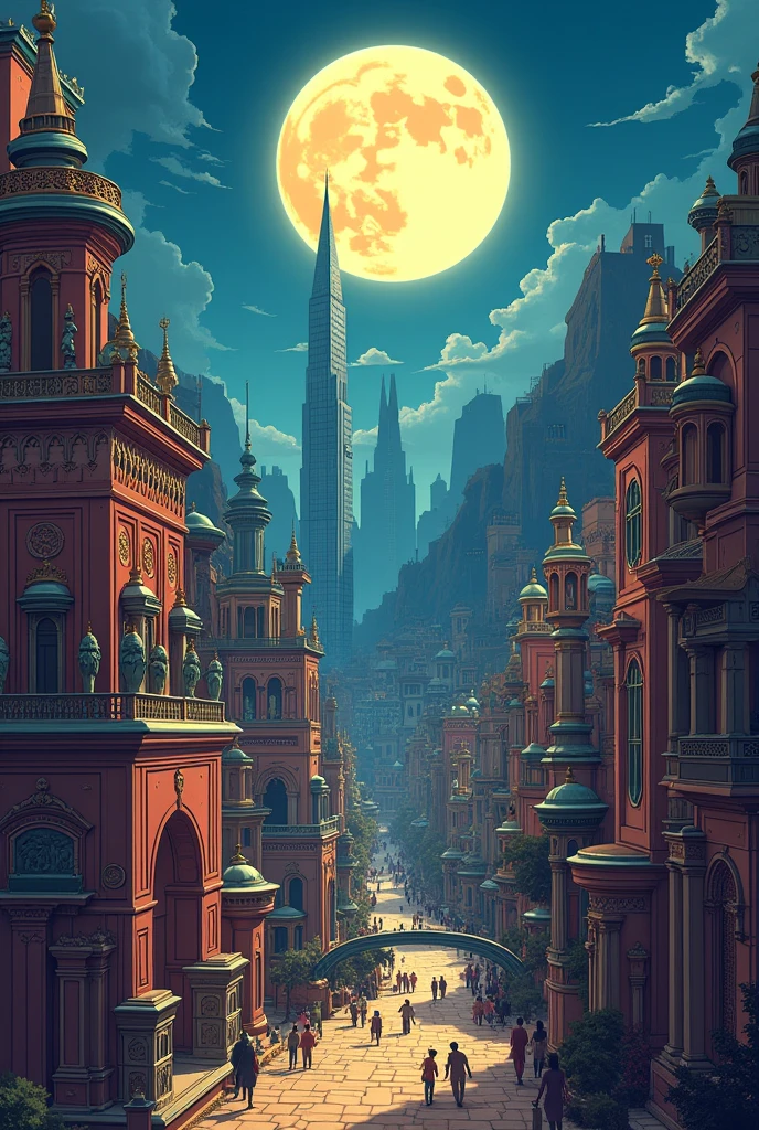 Hintergrund eine Futuristische Stadt, Hauptpersohn ein Junge mit e gitare