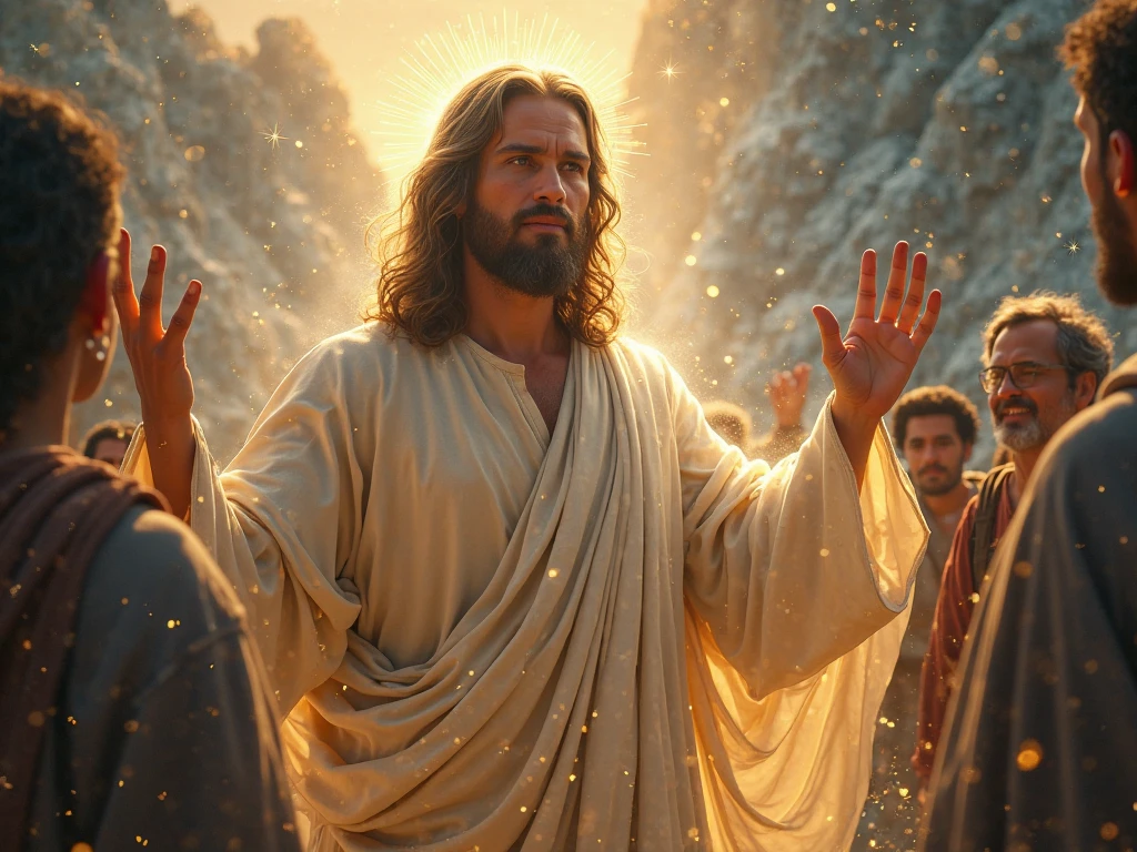 Jesus depicted with light brown skin, long, curly, dark brown hair, short beard, eyes browns, facial features ,walking among the crowd of worshippers on a starry night.