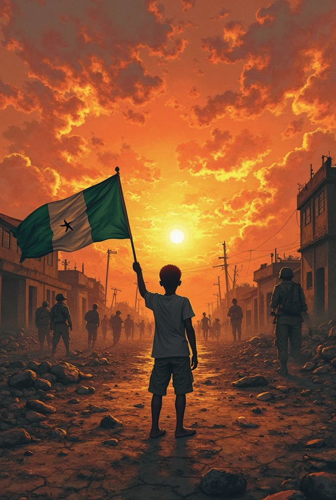 a lifelike-realistic-lookalike dirty poor skinny thin male Palestinian refugee with messy hair, wearing broken glasses and a dirty torn t-shirt with palestine_flag color guide, open mouth, angry, emotional, Perfect Hands, raising hand holding a (palestine_flag) to the sky, solo, facing up, standing before a damaged building which like a skull, in a damaged burning ruin of middle-east war field, outdoors, Fish-Eye Lens , Luminescent Paint, intense shadows, depth of field, epic, beautiful lighting, inpsiring <lora:perfect hands:0.8> <lora:PalestineFlag03:1>