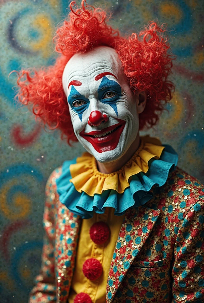 The passer's photo, whose dimensions are the same as the phone's wallpaper, is zoomed on by the camera. There is a clown on the card, he has two colors of clothes, one is red and the other is blue. There are feathers on top of the clown's hat. The clown is looking at the camera. The clown's face is masked and there are two red circles on his cheeks. The clown looks at the camera like a master and waves his hand. In the upper left corner of the card and in the lower right corner, a big J is written