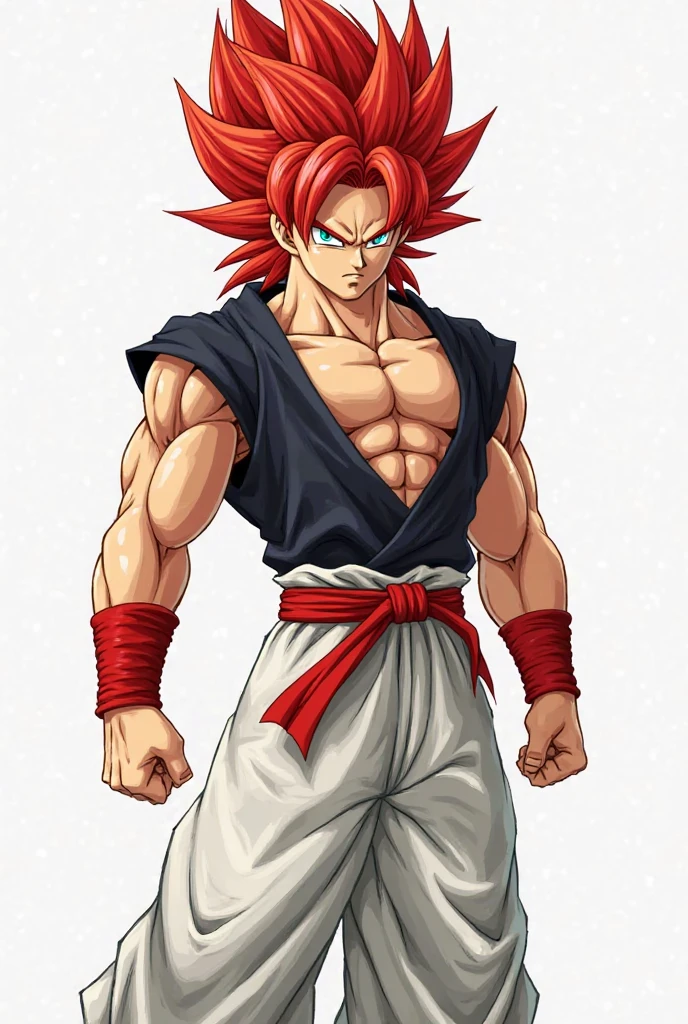 (masterpiece, best quality: 1.2), cowboy shot, solo, male focus, 1boy, gogeta, muscular male, Bodybuilder, (body_fur, red_fur:1.2), in a gymsmile, looking at the viewer, red hair, blue eyes, vest, blue belt, white pants, bracelet, tail, pectorals
