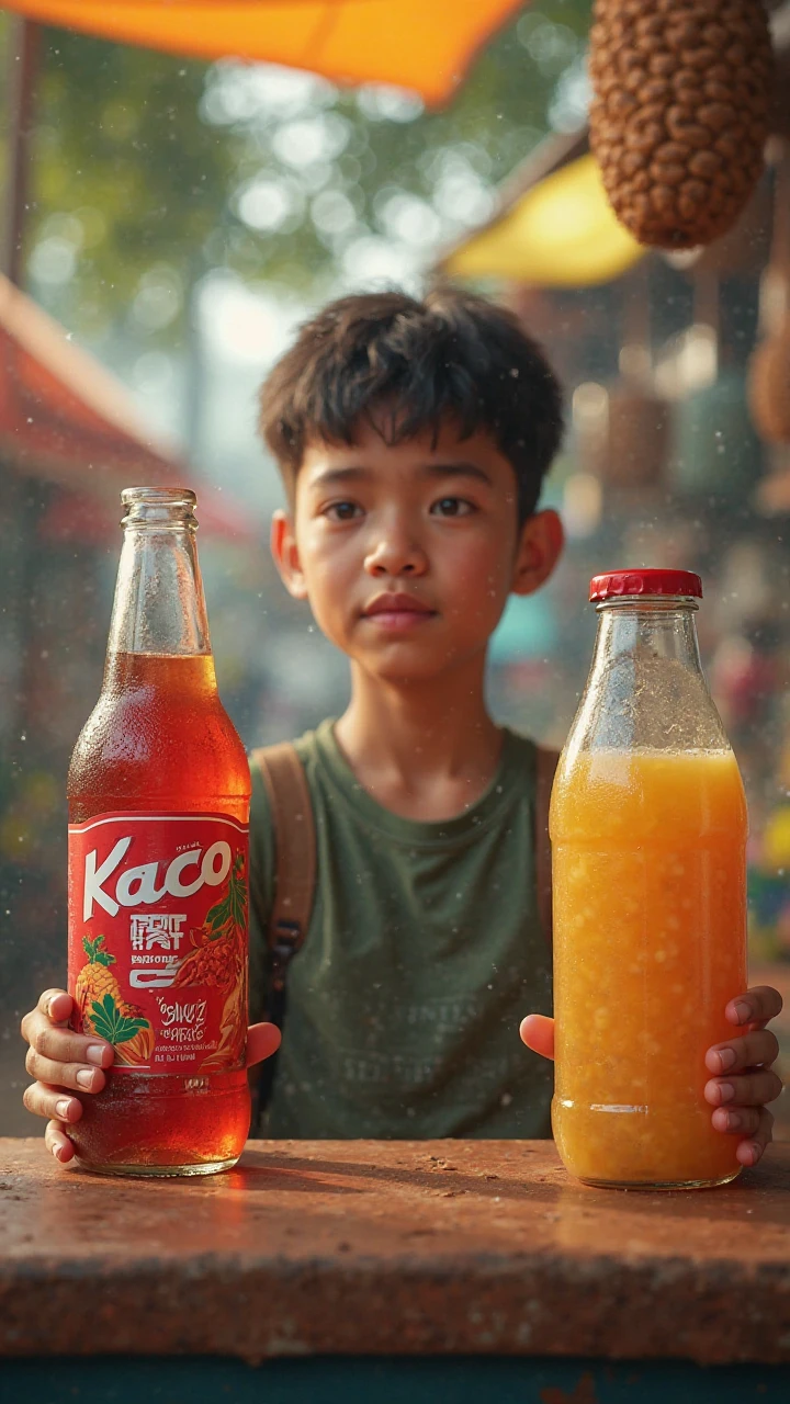 Portrait of Red Hulk as Indonesian People, wearing towel in neck, Driving inside a truck, drinking Extra Joss in plastic with straw, background Indonesian street, setting years 1990, overcast light, film grain, nostalgic mood