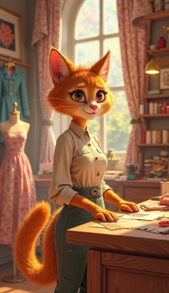 (by taran fiddler), (by darkgem:0.8), (by chunie:1), masterpiece,
(clothes), knee-length teal green dress, grey belt around the waist, yellow sweater,
detailed pink fur, portrait, seductive, looking at viewer, smile, grin, (anthro princesscarolyn:1.2), feline, persian cat, (detailed green pixar eyes:1.2), detailed eyes, female, solo, anthro, hair, tail, sitting on desk, legs crossed,
(detailed office background), (inside), <lora:add_detail:0.3>,   <lora:LoraPrincesscarolynBY_princesscarolyn:1>